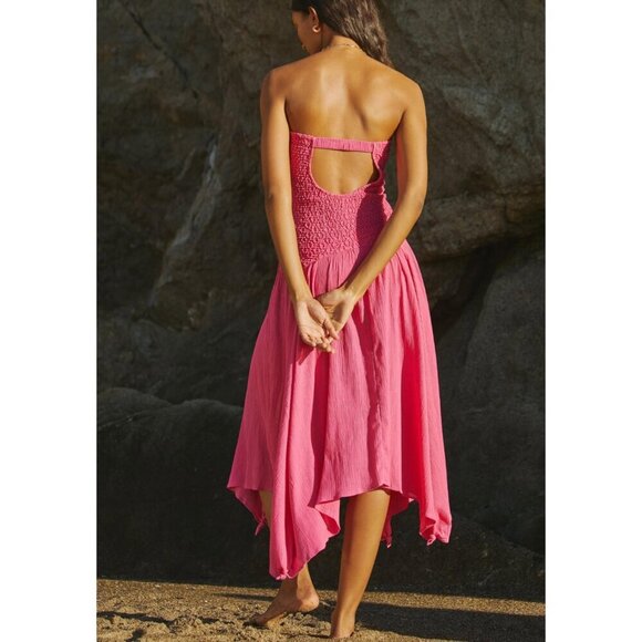 ✨ Anthropologie Strapless Smocked Cover Up Gauze Dress Hot Pink XS/ S - Picture 2 of 14